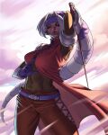  1girl armpits breasts covered_navel dark_skin foxy_(kof) gloves headband highres large_breasts long_hair looking_at_viewer midriff ponytail rapier red_eyes snk solo superbull sword the_king_of_fighters the_king_of_fighters_2001 weapon white_hair 