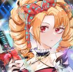  1girl asanehaya_(bushilolita) blonde_hair bow breasts cleavage criss-cross_halter drill_hair frown hair_bow halterneck highres holding holding_microphone jewelry looking_at_viewer medium_hair microphone necklace orange_hair original polka_dot polka_dot_bow portrait red_bow red_eyes red_nails solo stage_lights 