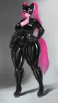 2022 anthro anthrofied big_breasts boots breasts cleavage clothed clothing earth_pony equid equine female footwear friendship_is_magic hair hand_on_hip hasbro hi_res high_heeled_boots high_heels horse latex_mask looking_at_viewer mammal mask my_little_pony pigtails pink_body pink_hair pinkie_pie_(mlp) pony rubber shiny_latex simple_background solo standing text thick_thighs tight_clothing transfaled_(fwexz) url wide_hips 