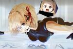  2girls black_bodysuit black_gloves blonde_hair bodysuit breasts commentary english_commentary funi_mu9 glasses gloves hair_ribbon headset highres kurumi_(lycoris_recoil) lower_teeth_only lycoris_recoil microphone mission:_impossible multiple_girls nishikigi_chisato parody parted_lips red_eyes red_ribbon ribbon short_hair solo_focus teeth upper_teeth_only 