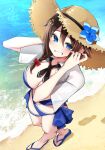  1girl beach bikini blue_bikini blue_eyes blush braid brown_hair brown_headwear grin hair_between_eyes hat highres kantai_collection katsuobushi_(eba_games) long_hair looking_at_viewer ocean open_clothes open_shirt sandals shigure_(kancolle) shigure_kai_san_(kancolle) shirt short_sleeves single_braid smile solo straw_hat swimsuit white_shirt 