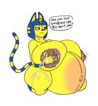  animal_crossing ankha_(animal_crossing) anthro areola belly big_belly big_breasts blue_hair blush bodily_fluids breasts cleavage clothed clothing dark_areola digital_media_(artwork) domestic_cat egyptian felid feline felis female fur hair huge_breasts humanoid lactating looking_away lurker_bot mammal milk navel nintendo nipples nude pregnant pregnant_female simple_background solo text thick_thighs yellow_body yellow_fur 