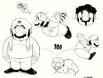  1girl 2boys alien animal_ears bloodshot_eyes bouncing bulging_eyes commentary dirty dr._slump dragon_ball english_commentary facial_hair flying frieza hat highres injury jumping mario_(series) monochrome multiple_boys multiple_views mustache norimaki_arale open_mouth outstretched_arms overalls pain raccoon_ears raccoon_mario raccoon_tail score shirt shoes sideburns signature simple_background sweat tail toriyama_akira_(style) veins xtremexavier 