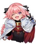  1boy astolfo_(fate) black_bow bow braid capelet cropped_torso fang fate/apocrypha fate/grand_order fate_(series) fur-trimmed_capelet fur_trim hair_bow hair_ribbon highres long_braid long_hair looking_at_viewer male_focus multicolored_hair one_eye_closed open_mouth otoko_no_ko pink_hair purple_eyes ribbon single_braid skin_fang smile solo streaked_hair v white_hair yadayada 