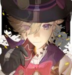  1boy bishounen bow bowtie card eyes_visible_through_hair flower frnlaefeat genshin_impact grey_hair hair_over_one_eye hat highres lyney_(genshin_impact) male_focus playing_card purple_eyes red_bow red_bowtie solo teardrop_tattoo top_hat 