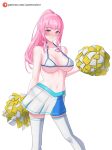  1girl absurdres azurecruiser bare_shoulders blush breasts cheerleader cleavage highres hololive hololive_english large_breasts long_hair looking_at_viewer mori_calliope navel pink_hair ponytail red_eyes solo virtual_youtuber 