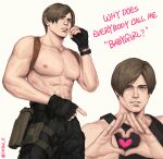 1boy abs absurdres bara black_gloves black_pants black_tank_top brown_hair chbai_s curtained_hair english_text fingerless_gloves gloves heart heart_hands highres large_pectorals leon_s._kennedy male_focus muscular muscular_male navel nipples pants pectorals resident_evil resident_evil_4 resident_evil_4_(remake) short_hair smile solo tank_top topless_male twitter_username 