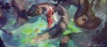  1girl akumi_(yoclesh) animal bikini black_bikini breasts cleavage colored_skin cutesexyrobutts giant_snake hair_between_eyes highres horns large_breasts long_hair looking_at_viewer oni oni_horns oversized_animal partially_submerged patreon_username pointy_ears red_horns red_skin reptile snake solo swimsuit very_long_hair virtual_youtuber vyugen water white_hair yellow_eyes 