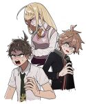  1girl 2boys :o ahoge akamatsu_kaede backpack bag black_jacket black_skirt blonde_hair brown_eyes brown_hair brown_necktie cheeseko collared_shirt cropped_torso danganronpa:_trigger_happy_havoc danganronpa_(series) danganronpa_2:_goodbye_despair danganronpa_v3:_killing_harmony green_necktie grey_shirt hair_ornament hinata_hajime hood hood_down jacket long_hair multiple_boys musical_note musical_note_hair_ornament naegi_makoto necktie open_clothes open_jacket pink_vest shirt short_hair simple_background skirt sweat teeth upper_teeth_only vest white_background 