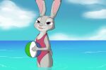  a-signature anthro ball beach_ball clothing cloud disney ears_up female fur grey_body grey_fur inflatable judy_hopps lagomorph leporid looking_at_viewer mammal one-piece_swimsuit purple_eyes rabbit sea sky solo swimwear water zootopia 