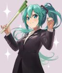  1girl :3 aqua_eyes aqua_hair black_jacket blush bow bowtie closed_mouth collared_shirt commentary food formal hands_up hatsune_miku highres holding holding_food holding_spring_onion holding_vegetable ishiyuki jacket long_hair long_sleeves looking_at_viewer ponytail revision shirt smile solo sparkle_background spring_onion suit twintails upper_body vegetable very_long_hair vocaloid white_bow white_bowtie white_shirt 