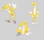  2017 2_tails anthro balls blue_eyes blush canid canine clothing colored_sketch dipstick_tail footwear fox fur genitals gloves grey_background handwear male mammal markings miles_prower multi_tail multiple_images penis sega shoes simple_background sitting sketch solo sonic_the_hedgehog_(series) standing tail tail_markings twang white_body white_fur yellow_body yellow_fur 