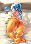  1girl absurdres ass bangs bare_back bare_shoulders bed blue_eyes blue_hair blurry blurry_background bodysuit bottomless clothes_pull doll earrings feet full_body green_ribbon hair_ribbon highres hololive hoshimachi_suisei indoors jewelry looking_at_viewer looking_back lying necklace on_stomach orange_bodysuit outstretched_arm parted_bangs pillow pointy_nose pparus ribbon solo_focus thighs toes topless translation_request virtual_youtuber w 