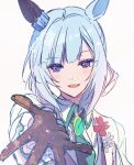  1girl animal_ears ascot black_gloves blue_hair blush collared_shirt ear_covers gloves green_ascot hanaozi_hin horse_ears jacket long_sleeves looking_at_viewer medium_hair mejiro_ardan_(neige_emeraude)_(umamusume) mejiro_ardan_(umamusume) official_alternate_costume official_alternate_hairstyle open_mouth purple_eyes reaching_towards_viewer shirt simple_background single_ear_cover sketch smile solo umamusume upper_body white_background white_jacket white_shirt 