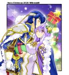  1boy 1girl alternate_costume bare_shoulders blue_cape blue_hair breasts brother_and_sister cape christmas christmas_present christmas_tree circlet closed_eyes english_text fire_emblem fire_emblem:_genealogy_of_the_holy_war fur_trim gift headband holding holding_gift implied_incest jewelry julia_(fire_emblem) one_eye_closed ponytail purple_cape purple_eyes purple_hair seliph_(fire_emblem) siblings smile white_headband wide_sleeves yukia_(firstaid0) 