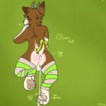  1:1 4_toes anthro bite biting_thumb bodily_fluids brown_body brown_fur canid canine clothed clothing cum cum_drip cum_in_ass cum_inside deer dripping english_text feet fox fur genital_fluids girly green_body green_fur hi_res horn hybrid legwear looking_at_viewer looking_back male mammal oliver_(oliverfloof) partially_clothed paws rear_view self_bite solo text thigh_highs toes white_body white_fur yellow_body yellow_fur zerhem_(artist) 