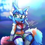  2023 big_breasts big_eyes black_nose blue_body blue_eyes blue_fur blue_hair blue_tail blush bottomwear breasts canid canine clothed clothing crop_top dated digital_media_(artwork) eyebrows female fluffy fluffy_tail fox fur gloves hair hand_on_cheek handwear hi_res ikarapopsicle inner_ear_fluff looking_at_viewer mammal midriff multicolored_hair multicolored_tail navel nichi_(ikarapopsicle) one_boot_on orange_body orange_fur orange_tail prick_ears purple_clothing purple_underwear shaded shirt signature sitting skirt snout solo tail tight_clothing topwear tuft underwear white_body white_fur white_hair white_tail 