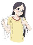  1girl backpack bag black_hair cropped_torso glasses grin hair_ornament hairpin head_tilt highres ksrvgn long_hair multiple_hairpins partially_colored purple_eyes round_eyewear saitou_kaede_(yama_no_susume) semi-rimless_eyewear shirt smile solo t-shirt teeth white_background yama_no_susume yellow_shirt 