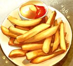  absurdres food food_focus french_fries highres ketchup no_humans oikawa_2301 original paw_print plate shadow still_life 