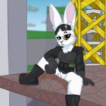  anthro beret boots bottomless casual_exposure clothed clothing cloud darli_buni elbow_on_knee female footwear fur genitals gloves handwear hat headgear headwear hi_res ladder lagomorph lagomorph_nose leporid looking_at_viewer mammal pouches pussy rabbit rabbit_ears radio shoulder_pads sitting solo tactical_gear white_body white_fur 