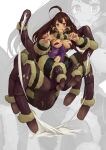  1girl :3 absurdres arachne arms_up arthropod_girl arthropod_limbs black_fur brown_hair carapace closed_mouth covered_nipples dark-skinned_female dark_skin full_body highres long_hair looking_at_viewer monster_girl original purple_eyes purple_nails shitoi_(aqua1487) silk solo spider_girl spider_web taur tongue tongue_out yellow_fur 