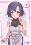  1girl aged_up apron arm_at_side asymmetrical_bangs bare_shoulders black_hair black_sweater blue_outline blush breasts check_commentary closed_mouth commentary_request cowboy_shot denim dot_nose grey_apron hand_on_own_chest heart highres idolmaster idolmaster_cinderella_girls jeans jewelry looking_at_viewer mariabowl medium_bangs medium_breasts necklace outline pants pendant pink_background pink_eyes polka_dot polka_dot_ribbon ribbon shiragiku_hotaru short_hair sidelocks sleeveless sleeveless_sweater smile solo speech_bubble standing straight-on straight_hair sweater waist_ribbon 
