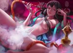  1girl barefoot black_hair chinese_clothes hanfu hehuolige highres long_hair long_sleeves looking_at_viewer lying on_back original parted_lips partially_undressed purple_background smoke solo spread_legs teeth thighs 