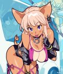  1girl 2boys animal_ears bangle bikini bikini_top_only black_gloves blank_eyes blonde_hair blush borrowed_character bracelet breasts circlet cleavage collar earrings english_commentary fingerless_gloves gloves highres holding holding_staff jacket jewelry journey_to_the_west kappa large_breasts leaning_forward leather leather_jacket leather_shorts leg_ribbon long_hair looking_at_viewer monkey motor_vehicle multiple_boys o-ring_collar optionaltypo original outdoors pig_ears pig_girl pig_tail ribbon shorts signature staff studded_collar swimsuit tail tan tanlines tongue tongue_out 