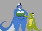  anthro big_breasts big_tail blue_body bottomless bottomless_female bottomless_male breasts clothed clothing creepina_(mrluckey) dragon duo featureless_crotch female gynomorph_(lore) hand_holding hat headgear headwear hi_res horn huge_breasts huge_tail kobold larger_female luckey_(mrluckey) male mrluckey muscular muscular_female ring size_difference tail wide_hips 