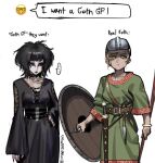  ... 2girls armor black_dress black_hair black_nails blonde_hair bracelet collar dagger dress english_text eyeliner gothic green_dress green_eyes helm helmet holding holding_polearm holding_shield holding_weapon jewelry knife makeup multiple_girls nerd_emoji original polearm pzkpfwi sheath sheathed shield sword weapon 