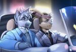  2023 anthro black_eyebrows black_nose black_tie_(suit) blue_clothing blue_suit blurred_background brown_body brown_fur brown_hair car chair clothing countershade_face countershade_neck countershading driving duo equid equine eyebrows fluffy_ears fur furniture grey_body grey_fur grey_hair hair hi_res humanoid_hands krazyelf lagomorph leaning leporid lights long_hair looking_away male mammal necktie noah_the_zebra prick_ears rabbit reflection riding ryland_the_hare short_hair sitting sitting_in_car smile snout steering_wheel suit vehicle white_body white_car white_clothing white_fur white_hair white_suit windshield yellow_eyes zebra 