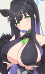  1girl animal_ears blue_archive blush breasts bridal_gauntlets cleavage feather_boa green_eyes green_tassel hair_ornament halo highres large_breasts long_hair looking_at_viewer ponytail saito_katuo shun_(blue_archive) sideboob smile solo 