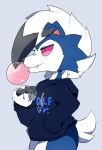  ambiguous_gender anthro bottomless bubble_gum clothed clothing cute_fangs female_(lore) fiddleafox generation_7_pokemon hi_res hoodie hoodie_only lycanroc midnight_lycanroc moro_(fiddleafox) nintendo pokemon pokemon_(species) side_view simple_background solo standing topwear topwear_only 
