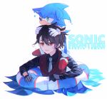  black_gloves black_hair black_shirt character_name collared_shirt copyright_name gloves green_eyes hair_between_eyes highres innertube iv_4t necktie nijisanji on_head red_eyes red_footwear red_vest shirt short_hair socks sonic_(series) sonic_frontiers sonic_the_hedgehog vest virtual_youtuber wet wet_clothes white_background white_gloves white_necktie white_socks yumeoi_kakeru 