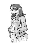  advos anthro bottomwear breasts clothed clothing deltarune digital_media_(artwork) female frown hair hand_in_pocket hands_in_both_pockets hole_in_pants jewelry long_hair monochrome necklace pants pockets reptile scalie shirt simple_background solo standing susie_(deltarune) topwear torn_clothing undertale_(series) white_background 