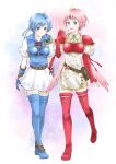  2girls blue_eyes breasts collared_shirt fire_emblem fire_emblem:_radiant_dawn fire_emblem:_the_binding_blade gloves highres looking_at_viewer marcia_(fire_emblem) medium_breasts midori_no_baku multiple_girls pink_hair shanna_(fire_emblem) shirt short_hair thighhighs 