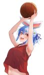 :d absurdres animal_ears armpits ball basketball basketball_(object) basketball_jersey basketball_uniform blue_hair breasts carrot_hair_ornament fake_animal_ears food-themed_hair_ornament hair_ornament highres holding holding_ball hololive maccaron61 medium_breasts navel official_alternate_costume orange_eyes purple_ribbon rabbit_ears red_tank_top ribbon short_eyebrows short_twintails smile sportswear stomach tank_top thick_eyebrows transparent_background twintails usada_pekora virtual_youtuber 