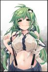  1girl absurdres antenna_hair bare_shoulders black_border blue_skirt border breasts closed_mouth commentary_request frog_hair_ornament green_eyes green_hair hair_ornament highres hira-san kochiya_sanae large_breasts long_hair looking_at_viewer midriff navel pulled_by_self shirt skirt smile snake_hair_ornament solo suspenders suspenders_pull touhou upper_body white_background white_shirt 