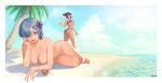  2girls absurdres ass ass_cutout asymmetrical_bangs bare_shoulders beach bikini blue_eyes breasts clothing_cutout commission crab drill_hair drink eyes_visible_through_hair hair_horns hair_ornament hair_over_one_eye hair_ribbon han_juri highres holding holding_drink hongcasso large_breasts looking_at_viewer mole mole_on_breast multiple_girls ocean pink_bikini purple_ribbon re:zero_kara_hajimeru_isekai_seikatsu rem_(re:zero) ribbon short_hair side-tie_bikini_bottom skindentation swimsuit tan tanlines topless tropical_drink twin_drills underboob white_bikini x_hair_ornament 