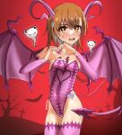  1girl absurdres alternate_costume bat_(animal) brown_eyes brown_hair curled_horns demon demon_girl demon_horns demon_tail demon_wings gekota halloween_costume heart heart_hands highleg highleg_leotard highres horns leotard looking_at_viewer medium_hair misaka_mikoto purple_leotard purple_nails purple_thighhighs solo strapless strapless_leotard tail thighhighs toaru_kagaku_no_railgun toaru_majutsu_no_index wings yoren 