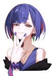  1girl absurdres armpit_crease bare_shoulders blue_eyes blue_hair blue_shirt bracelet closed_mouth collarbone colored_inner_hair cropped_torso diamond_earrings earrings fingersmile hair_over_shoulder half-closed_eyes highres jacket jacket_partially_removed jewelry kamitsubaki_studio kuzaki_ginko looking_at_viewer low_ponytail multicolored_eyes multicolored_hair raised_eyebrows red_eyes red_hair rim_(kamitsubaki_studio) shirt solo v_over_mouth virtual_youtuber yellow_pupils 