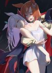  2girls animal_ears aqua_bow babydoll bare_shoulders bite_mark bite_mark_on_neck black_cloak blood bow breasts brown_hair cloak closed_eyes commentary_request cowboy_shot ear_bow ear_ornament fangs highres horse_ears horse_girl horse_tail ikuno_dictus_(umamusume) long_hair mejiro_mcqueen_(umamusume) multicolored_hair multiple_girls open_cloak open_clothes open_mouth puffy_sleeves purple_hair red_eyes round_eyewear shirt short_hair sinnra_art small_breasts streaked_hair tail umamusume unconscious vampire vampire_bite white_babydoll white_hair white_shirt 