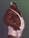  2023 abs anthro beard biceps blush bodily_fluids body_hair bovid bovine brown_hair bulge cattle chest_hair clothed clothing deltoids dripping erection erection_under_clothing facial_hair forearm_muscles genital_fluids grey_background hair hand_on_hip hi_res horn looking_at_viewer male mammal manly muscular nipples pecs precum precum_drip rneves_069 simple_background smile smiling_at_viewer solo tenting testicle_bulge triceps wrestling_singlet 