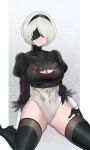 1girl 2b_(nier:automata) black_blindfold black_gloves black_hairband black_thighhighs blindfold bob_cut breasts cleavage cleavage_cutout clothing_cutout covered_navel feather-trimmed_sleeves gloves groin hairband highleg highleg_leotard highres juliet_sleeves large_breasts leotard long_sleeves mole mole_under_mouth nier:automata nier_(series) parted_lips puffy_sleeves short_hair sitting skindentation solo thighhighs thighs twomoon wariza white_hair 