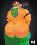 2023 absurd_res anthro big_butt bodily_fluids bowser bowser_day butt cocoronut collar eggplant food fruit grey_background half-closed_eyes hi_res koopa looking_at_viewer looking_back male mario_bros muscular muscular_anthro muscular_male narrowed_eyes nintendo overweight overweight_anthro overweight_male pipe plant presenting presenting_hindquarters question_mark scalie shell simple_background small_tail solo spiked_shell spiked_tail spikes spikes_(anatomy) sweat tail 