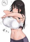  1girl bare_arms bare_shoulders black_bra black_hair blue_eyes blush bra breasts closed_mouth commentary_request hair_ornament hairclip kaisen_chuui large_breasts long_hair original shirt sidelocks simple_background sleeveless solo stomach underwear undressing white_background white_shirt 