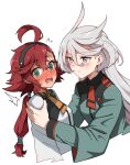  2girls @_@ ^^^ absurdres ahoge blush chinese_commentary chubb green_eyes grey_eyes grey_hair gundam gundam_suisei_no_majo hairband hands_on_another&#039;s_shoulders highres long_hair looking_at_another miorine_rembran multiple_girls red_eyes simple_background suletta_mercury sweat wavy_mouth white_background yuri 