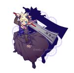  1boy blue_eyes bow braid cloud_strife crossdressing dress final_fantasy final_fantasy_vii final_fantasy_vii_remake frilled_sleeves frills hair_bow hardedge_(sword) highres looking_at_viewer low_twin_braids male_focus official_alternate_costume over_shoulder rukashio solo spiked_hair twin_braids weapon weapon_over_shoulder 