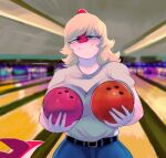  2023 anthro artist_name big_breasts blonde_hair blue_eyes bottomwear bowling_alley bowling_ball breasts clothing deadassspider denim denim_clothing detailed_background digital_drawing_(artwork) digital_media_(artwork) dinosaur eyelashes female fingers hadrosaurid hair hi_res i_wani_hug_that_gator inside jeans long_tail looking_at_viewer mia_(iwhtg) multicolored_body multicolored_scales ornithischian pants parasaurolophus red_body red_scales reptile scales scalie smile snout solo spikes spikes_(anatomy) tail two_tone_body two_tone_scales watermark white_body white_scales 