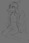  anthro bottomwear clothed clothing dinosaur eyebrows fang_(gvh) feathered_wings feathers female goodbye_volcano_high grey_background hair long_hair long_snout monochrome navel pants pterodactylus pterosaur reptile scalie simple_background sitting sketch snoot_game_(fan_game) snout solo thick_eyebrows torn_bottomwear torn_clothing torn_pants unknown_artist wings 